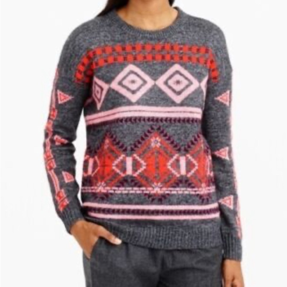 J Crew Wool Mohair Blend Long Sleeve Cozy Crewneck Sweater Gray Red Pink Size XL